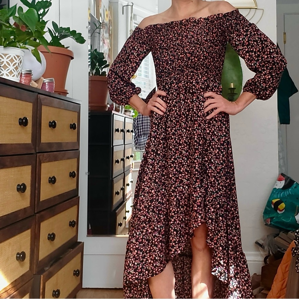 Chelsea28 Black Pink Ruffle Floral Off-Shoulder High Low Dress S Small